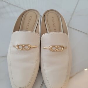 Coach Cream Leather Mules with Gold Detail